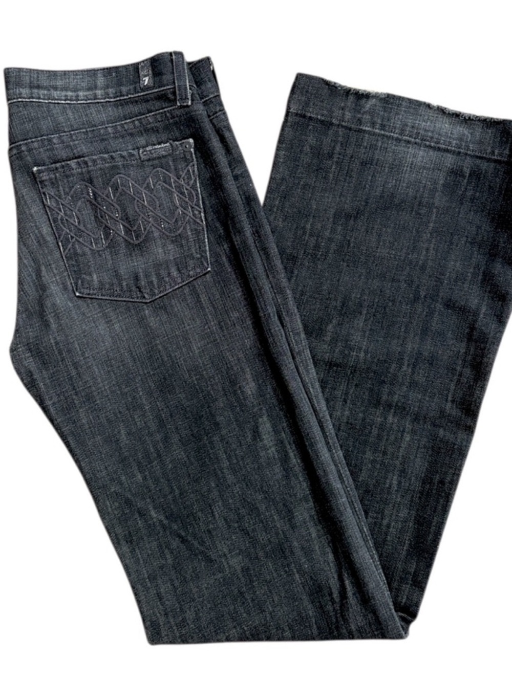 EUC 7 For All Mankind Dojo Bootcut Shimmer Pocket Long Inseam Jeans Black Sz. 28